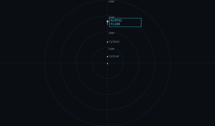 The ATC Trainer live radar scope, showing tracked aircraft and sector geometry